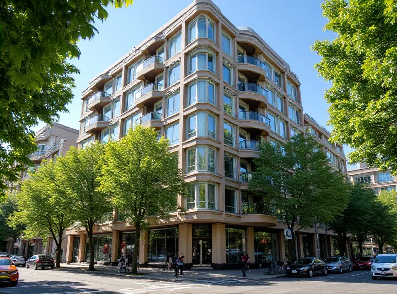 Exterior view of modern apartment building with many windows.