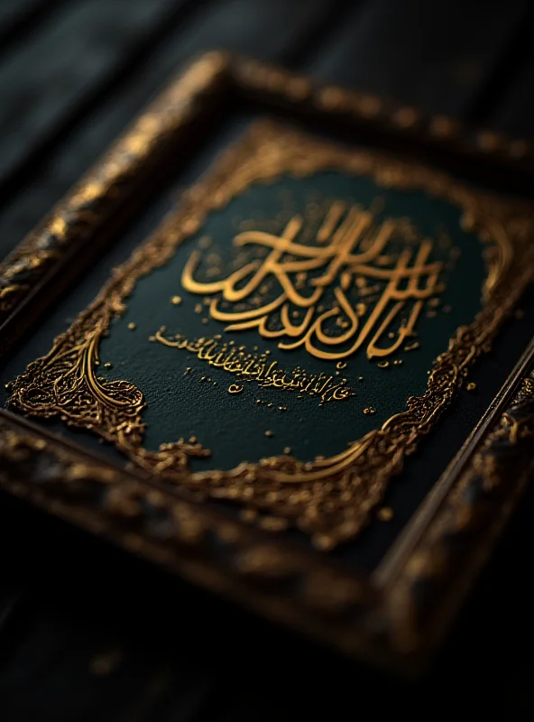 Close-up of a framed Quranic verse, with golden calligraphy on a dark background.