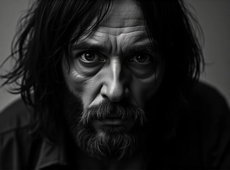 Charles Manson portrait, eerie and unsettling.