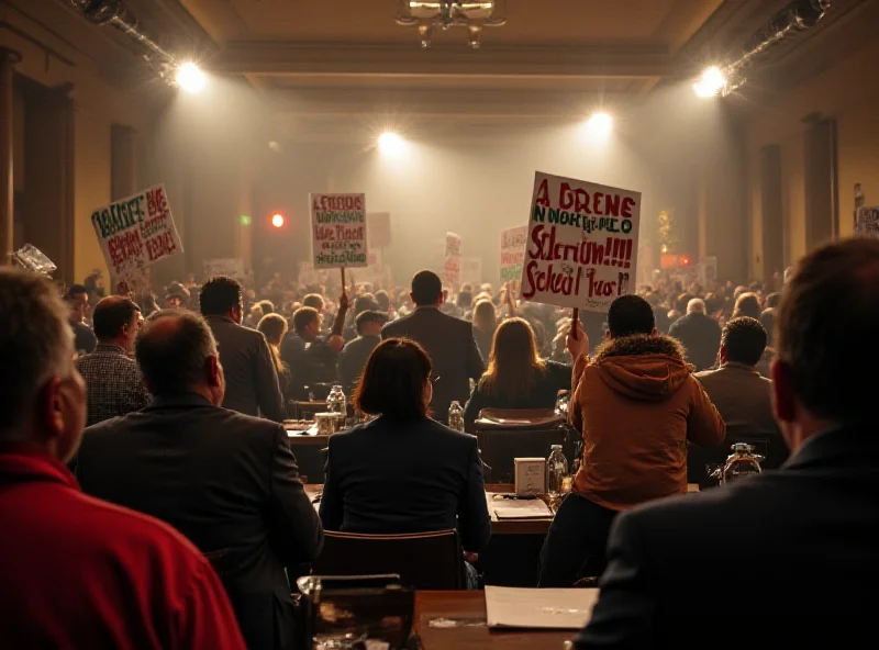 A chaotic scene at a council meeting with protestors chanting and holding signs.