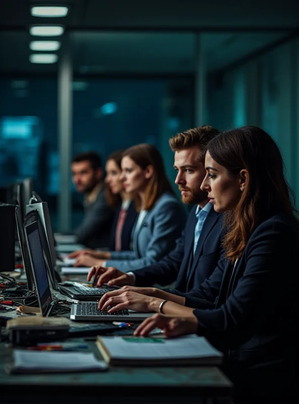 A group of diverse federal employees collaborating on laptops in a dimly lit office.
