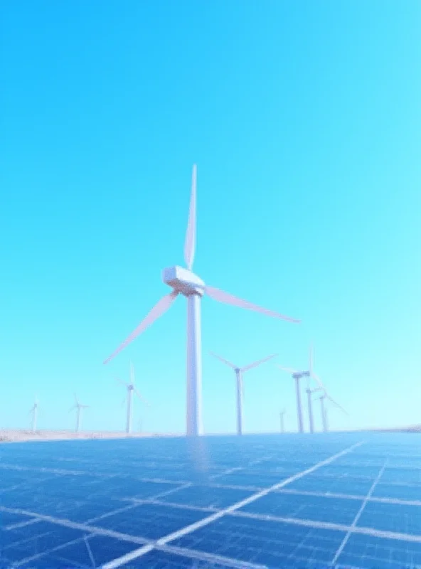 Abstract image of wind turbines and solar panels against a blue sky.