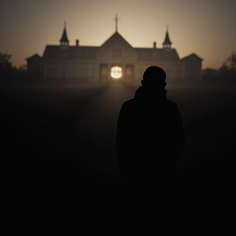 Silhouette of a person walking away from a school building in a somber mood.
