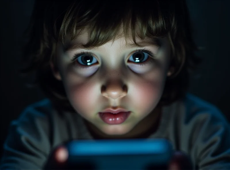 Child looking at a smartphone with concerned expression.