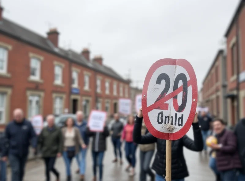 Image of a 20mph speed limit sign in Cardiff with protestors in the background.