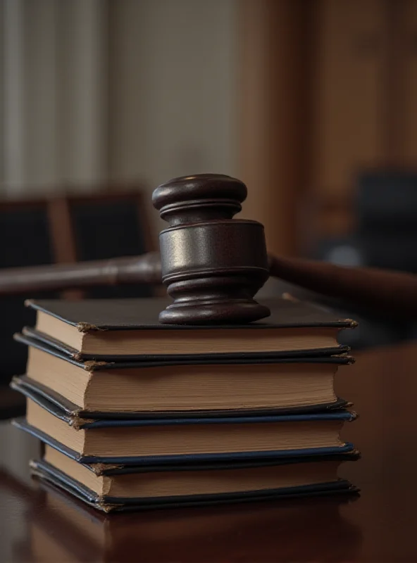 A gavel resting on a stack of legal books, symbolizing the judicial process and legal decisions. The scene is set in a courtroom, with a blurred background suggesting ongoing proceedings. The image conveys authority, justice, and the rule of law.