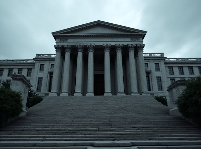 A somber photograph of a courthouse exterior, focusing on the entrance. The sky is overcast, creating a serious and reflective mood. The image represents the justice system and the weight of legal proceedings.