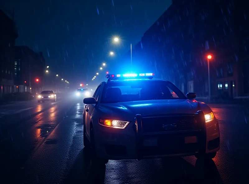 Um carro de polícia em alta velocidade durante uma perseguição noturna.