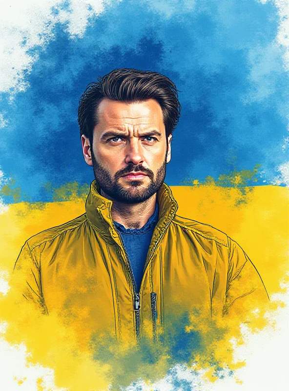 Illustration of Volodymyr Zelenskyy looking determined, superimposed on a map of Ukraine.
