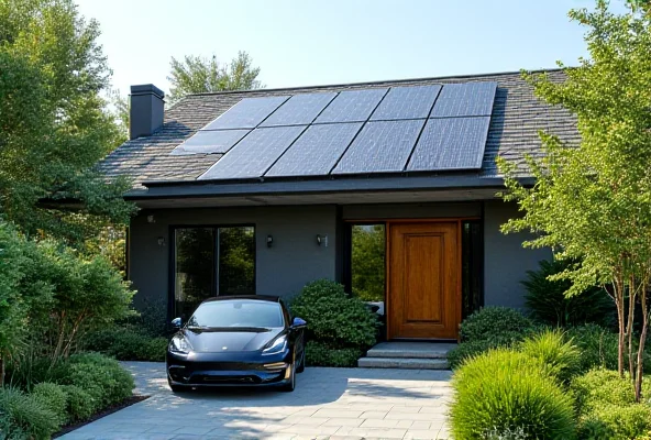 A modern, energy-efficient home with solar panels and an electric vehicle parked in the driveway.