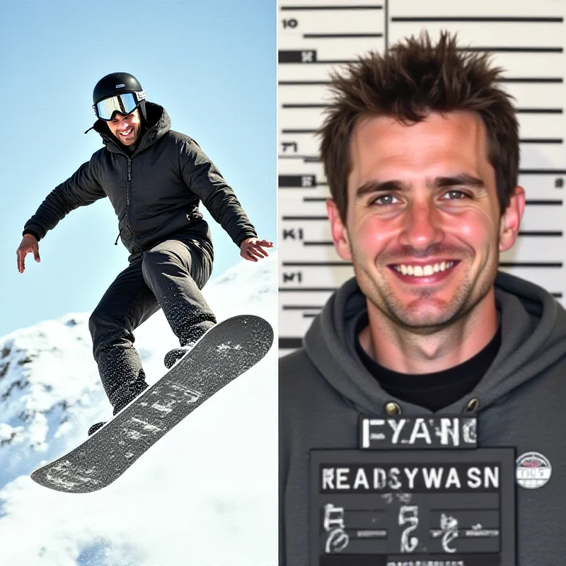 Composite image of Ryan Wedding as an Olympian snowboarder and a wanted fugitive