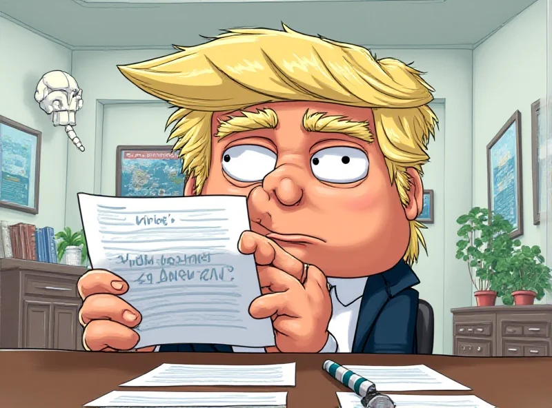 Cartoon depiction of Donald Trump looking confused while holding a document with 'United Kingdon' mispelled on it.
