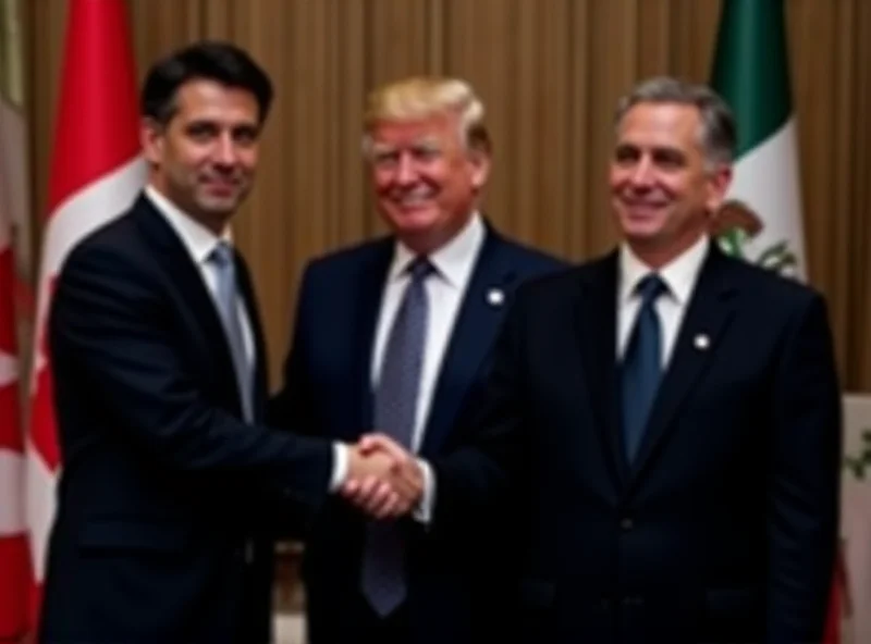 Image of Donald Trump shaking hands with the Prime Minister of Canada and the President of Mexico
