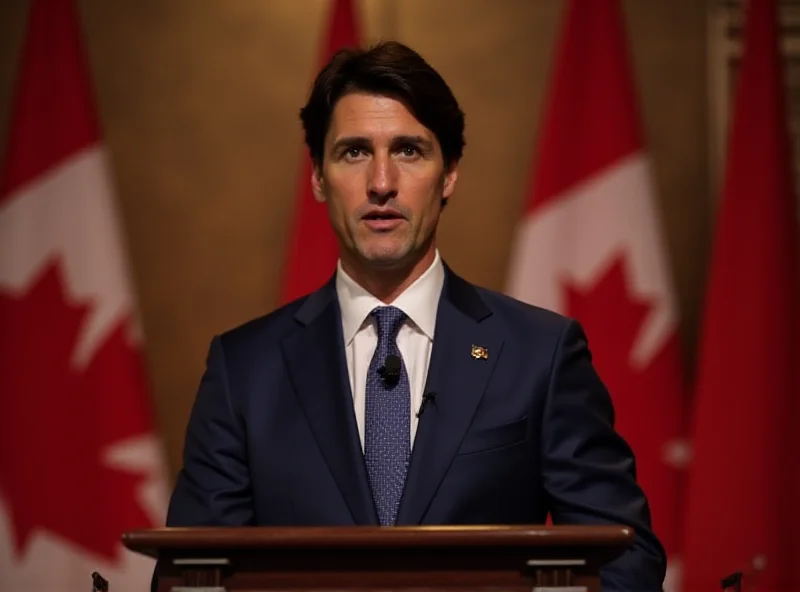 Justin Trudeau speaking at a podium with the Canadian flag behind him.