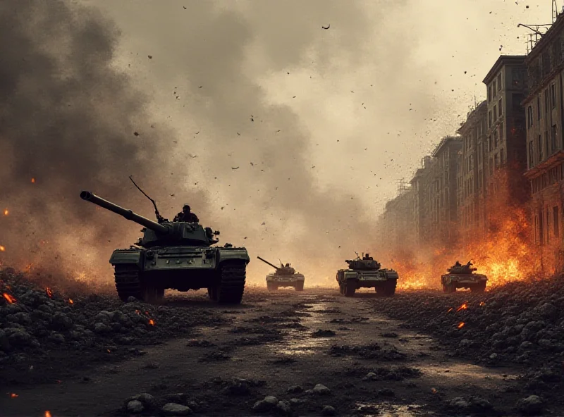 Illustration of the Ukraine war with tanks and soldiers, a war torn cityscape in the background