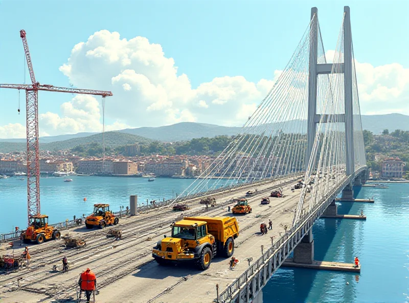 Illustration of the San Giorgio Bridge in Genoa, Italy, with heavy construction equipment and workers visible.
