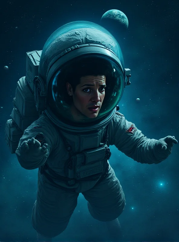 Digital painting of an astronaut floating in space, looking distressed, with Earth in the background.