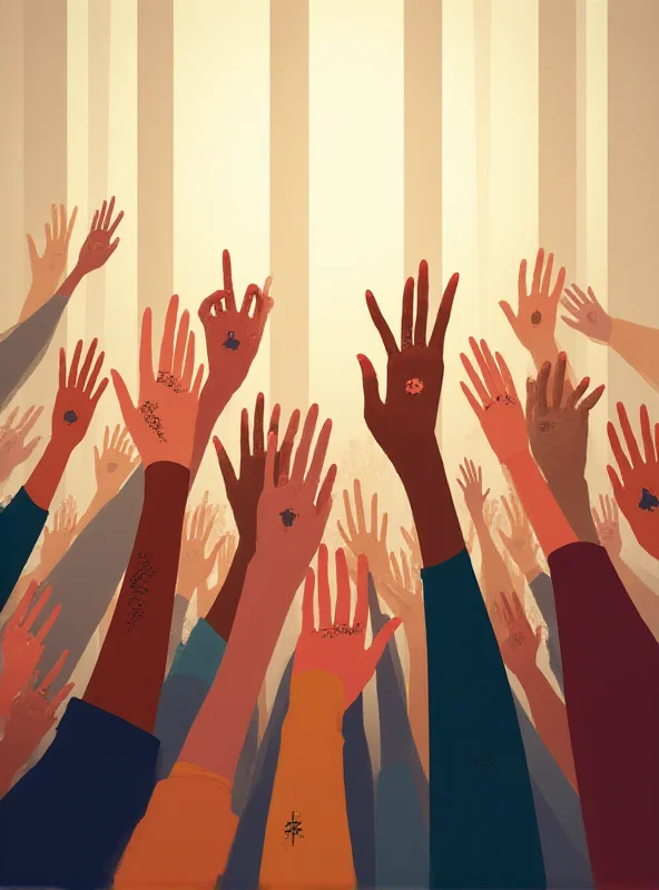 Illustration of diverse hands raised in a council meeting, some holding religious symbols, others not.