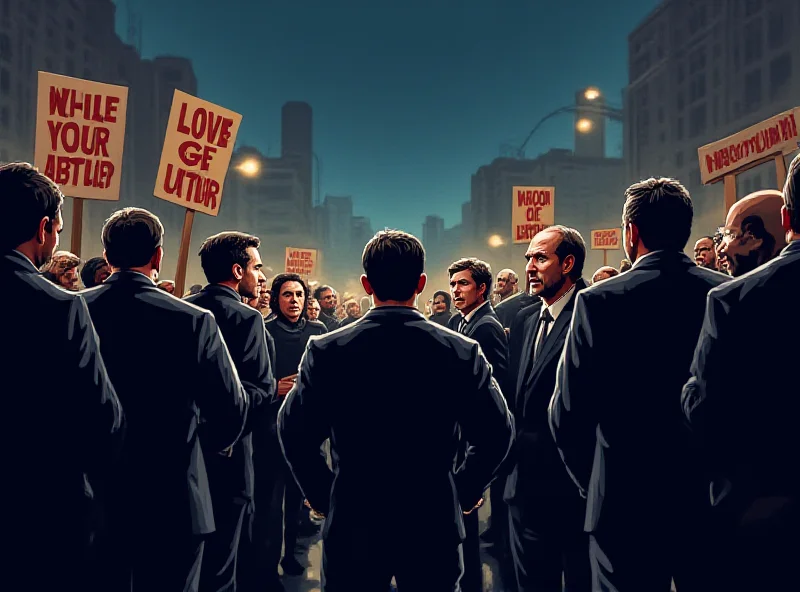 Illustration of political tension, perhaps a divided crowd or opposing figures facing off.
