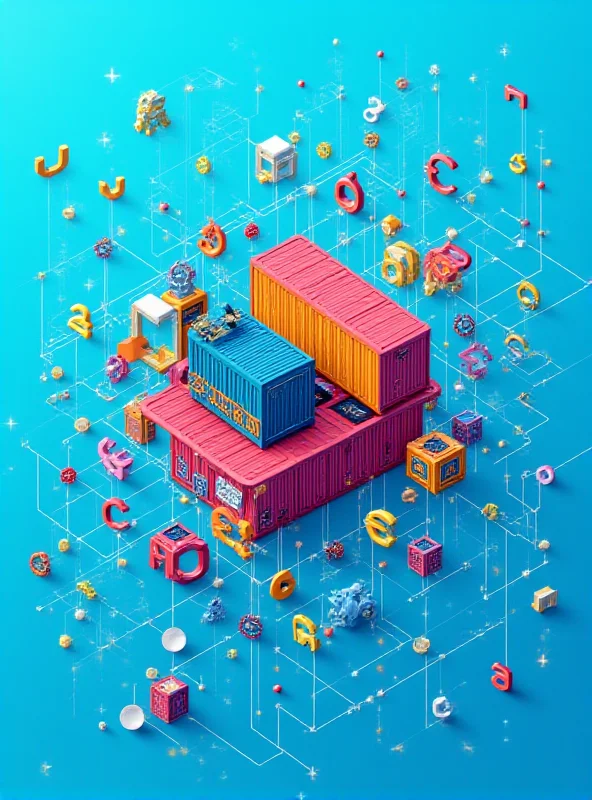 An abstract image representing global trade, with interconnected shipping containers and currency symbols.