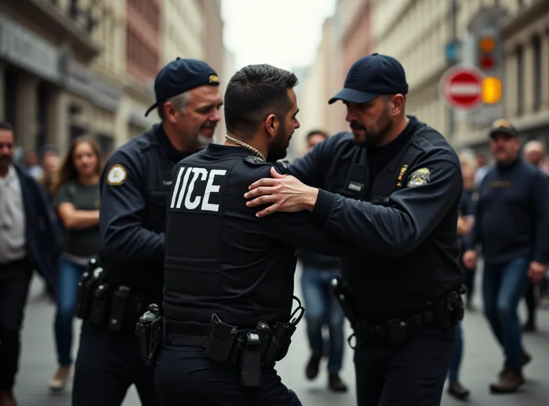 Scene depicting an ICE officer being assaulted in a city street.