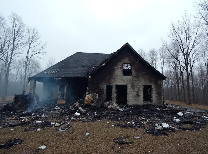 A house that has been damaged by fire, with debris scattered around.