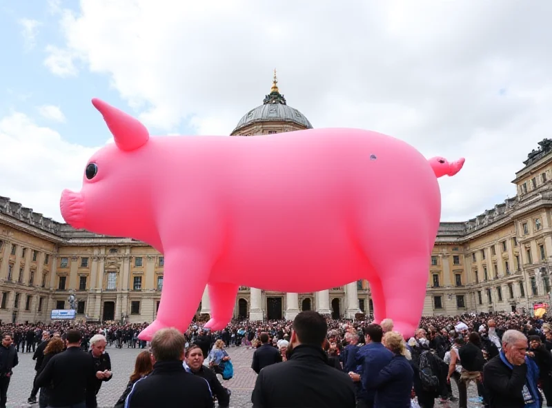Giant inflatable pig in front of Italian parliament building