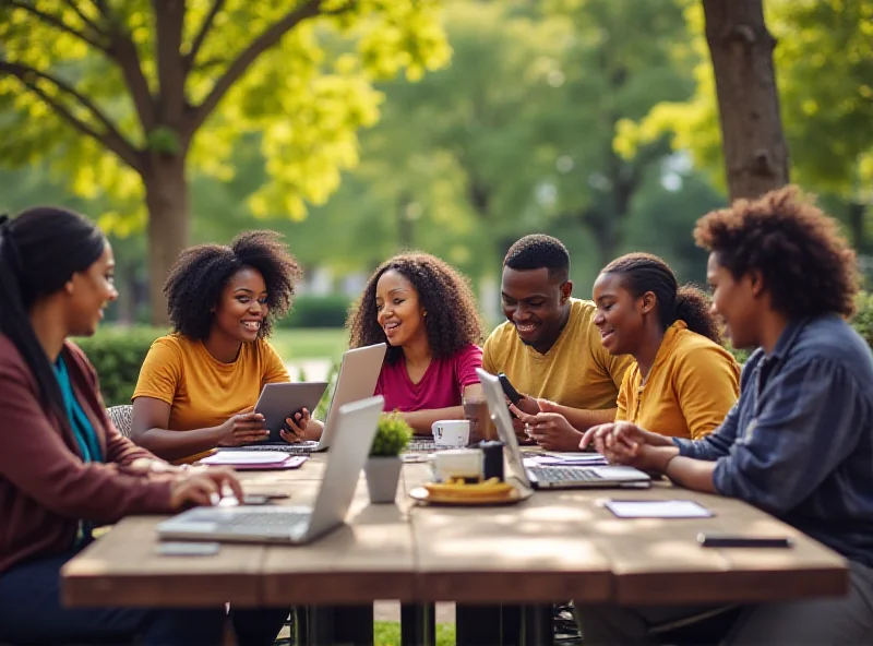 A diverse group of people using laptops and tablets, connected to the internet, representing the benefits of broadband access. Focus on connectivity.