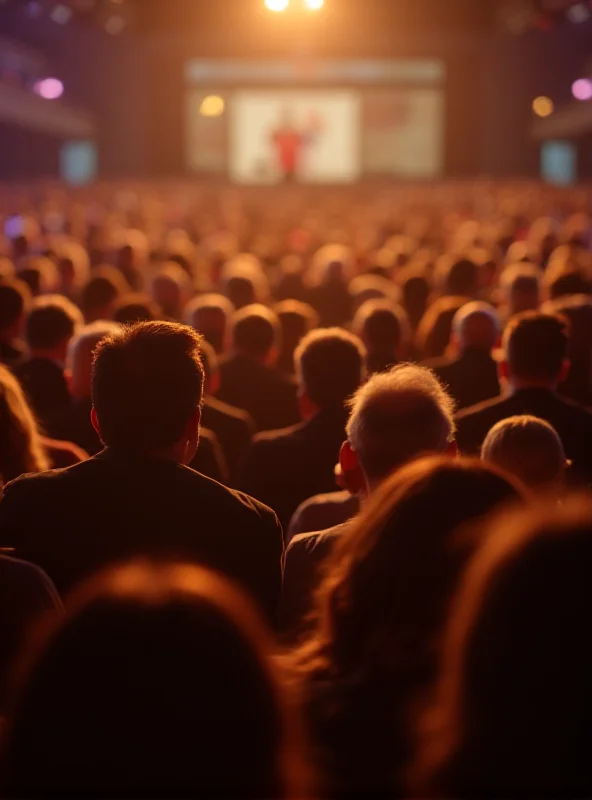 A crowd of people listening to a speech.