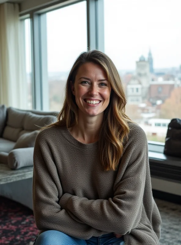Gracie Abrams sitting in a hotel room in Hamburg, casually dressed and smiling.