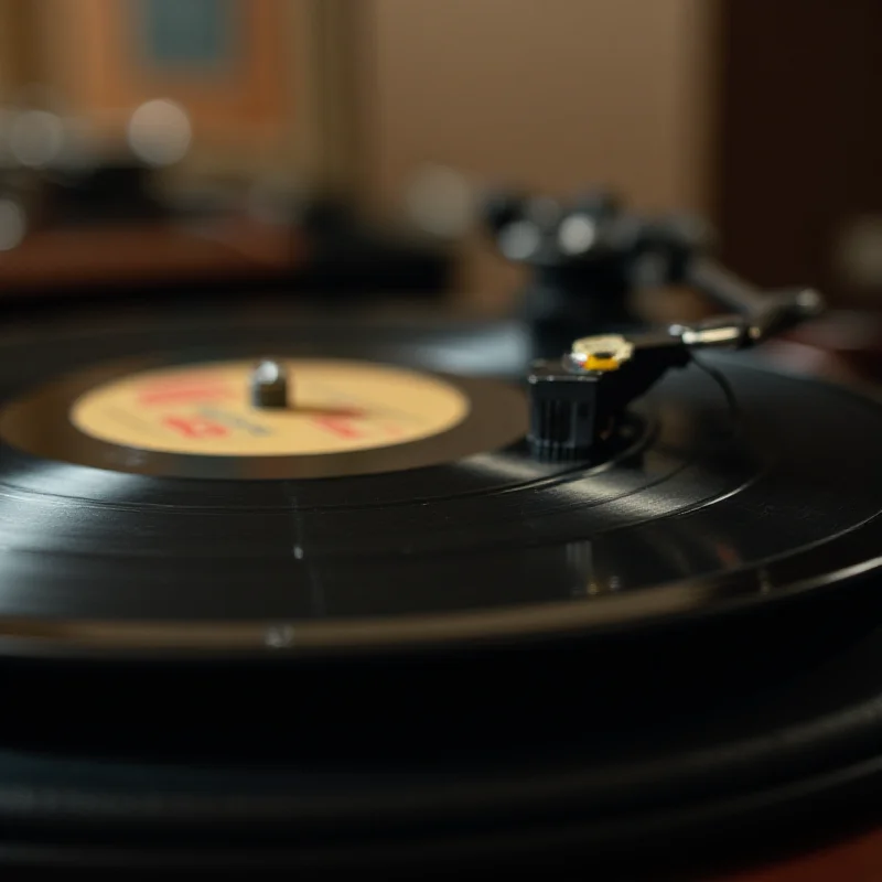 An eye-level shot of a vinyl record spinning on a record player.