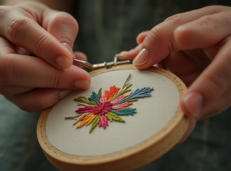 A close-up of a person's hands doing needlepoint, with colorful threads and fabric.