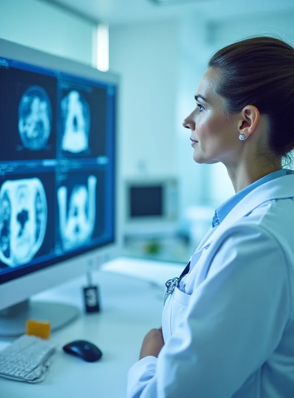 A medical professional reviewing a CT scan image on a monitor.