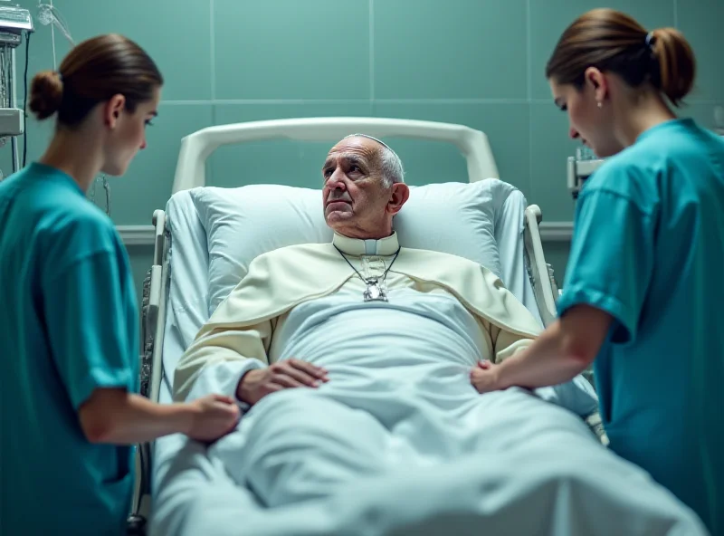 Pope Francis in a hospital bed receiving medical care.