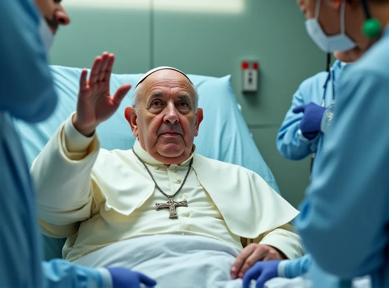 Pope Francis in a hospital bed, looking tired but giving a small wave to medical staff. He is connected to medical equipment. The room is clean and modern.