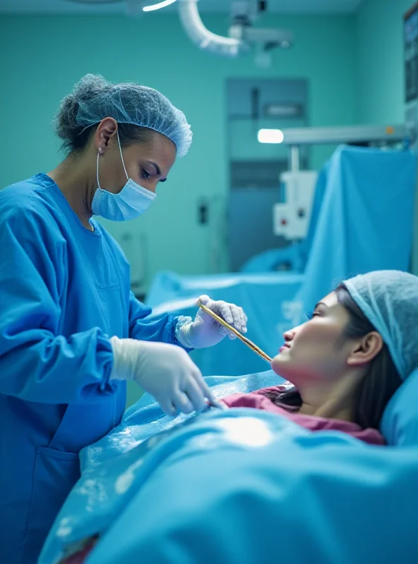 A doctor performing a bronchoscopy on a patient in a hospital. The doctor is wearing medical scrubs and a mask. The patient is lying in a hospital bed with medical equipment attached. The scene is sterile and professional.