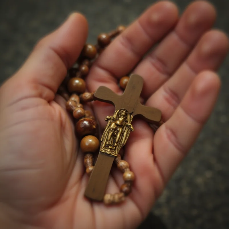 A close-up shot of a rosary beads with a crucifix. The beads are made of wood and are held in a hand. The background is blurred and out of focus.