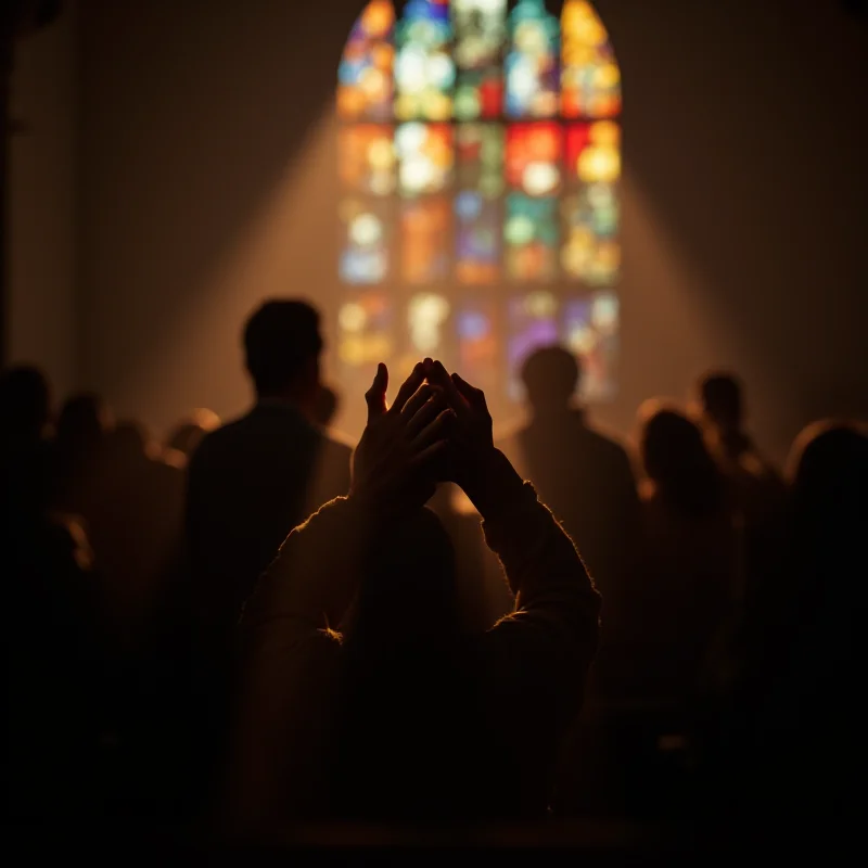 People praying in a church, lit by stained glass windows.