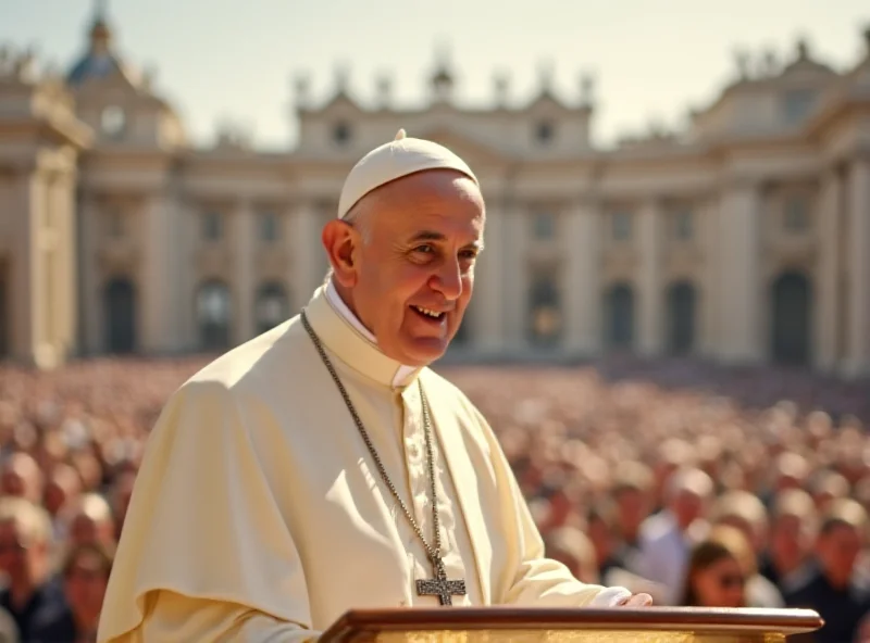 Pope Francis addressing a crowd, smiling gently.