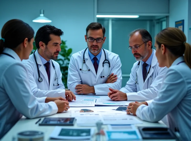 A group of doctors discussing a patient case in a hospital setting