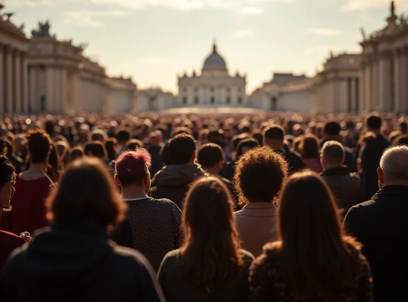 A crowd of people gathered in St. Peter's Square, looking towards the Vatican, holding rosaries and praying.