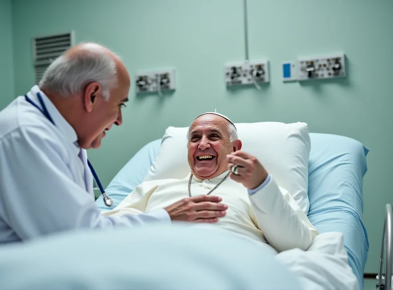 Pope Francis in a hospital bed, looking alert and engaging with doctors.