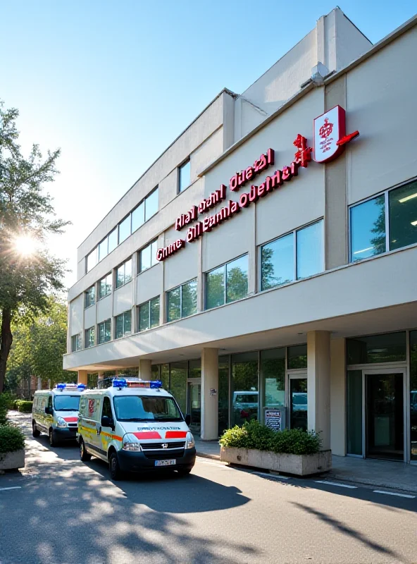 Exterior view of Gemelli Hospital in Rome, Italy, with ambulances parked outside.