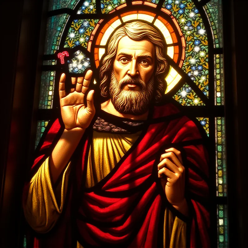A stained glass window depicting Saint Peter with keys, bathed in sunlight.