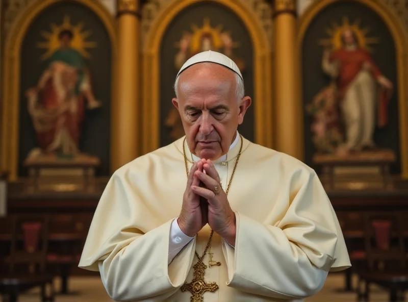 Pope Francis in a hospital bed, looking serene and peaceful, with a doctor attending to him.