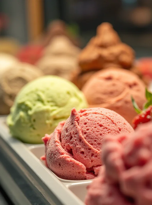A close-up shot of colorful gelato in a display case at an ice cream shop.