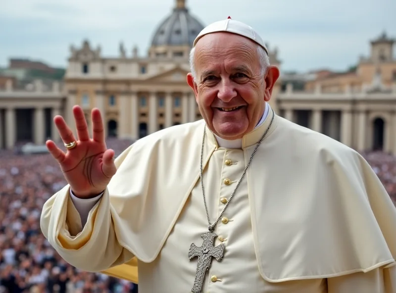 Pope Francis waving to a crowd from a balcony, looking frail but smiling slightly.