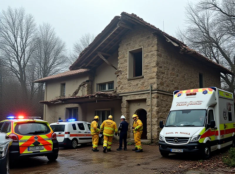The exterior of a partially collapsed house in Gozón, Asturias, with emergency services personnel at the scene.