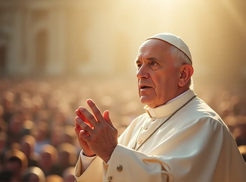 A serene image of Pope Francis addressing a crowd, bathed in soft light. The background is blurred, focusing on his face and gentle expression.