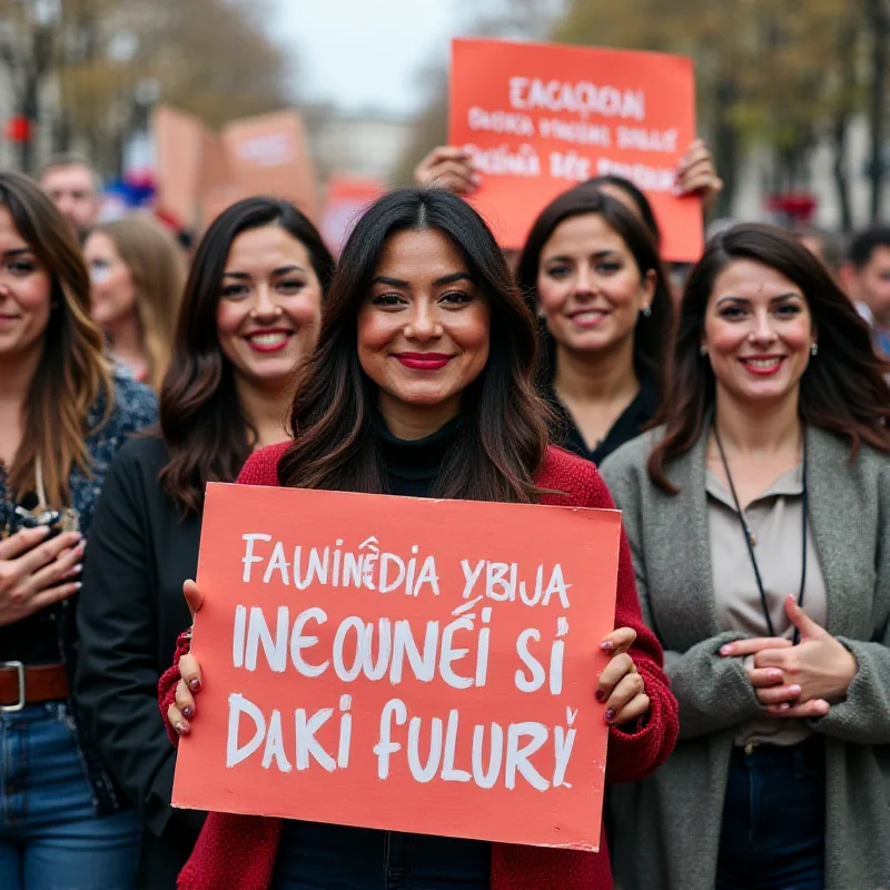 A group of diverse women holding signs with feminist slogans in Italian. They are standing together in a public square, demonstrating solidarity and advocating for women's rights.